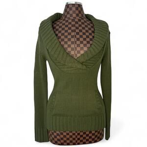 Y2K Wet Seal Sweater Medium Army Green Cowl Neck Plunge Neckline Preppy Vtg